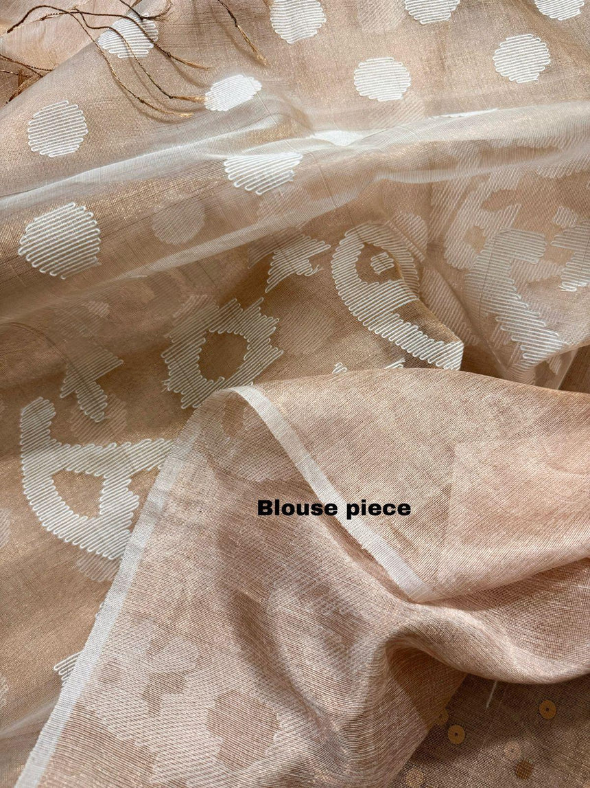 Golden beige pure tissue muslin handwoven jamdani sequins saree - Tamal Boutique