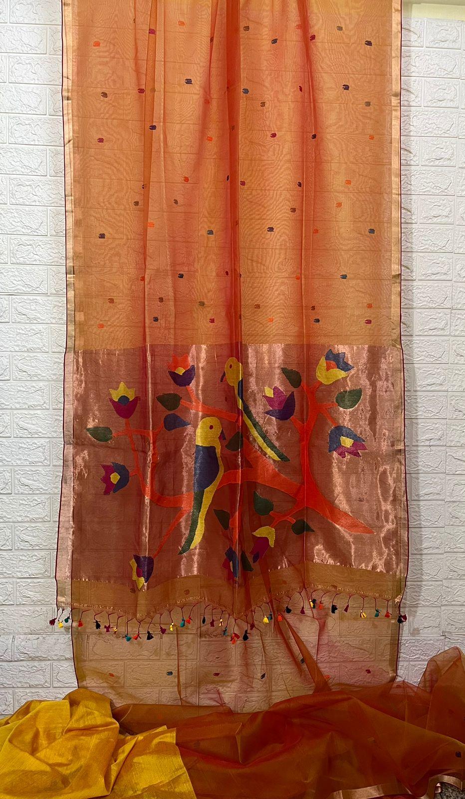 Golden Yellow colour with zari border love bird pure organza silk paithani handwoven jamdani saree - Tamal Boutique