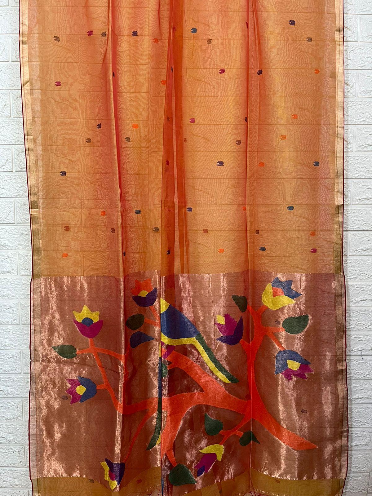 Golden Yellow colour with zari border love bird pure organza silk paithani handwoven jamdani saree - Tamal Boutique