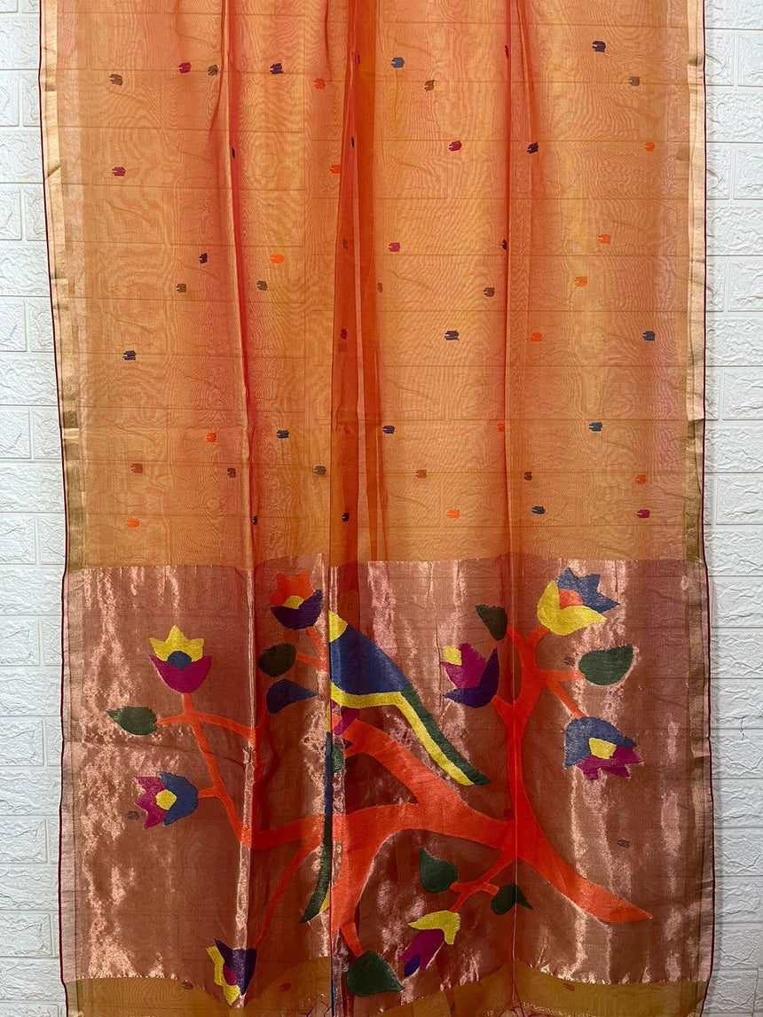 Golden Yellow colour with zari border love bird pure organza silk paithani handwoven jamdani saree - Tamal Boutique