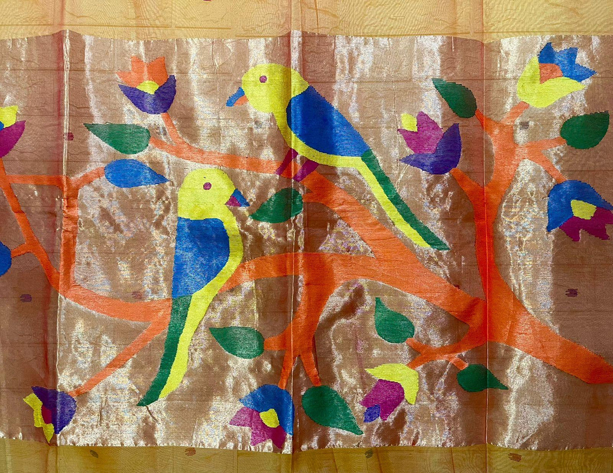 Golden Yellow colour with zari border love bird pure organza silk paithani handwoven jamdani saree - Tamal Boutique