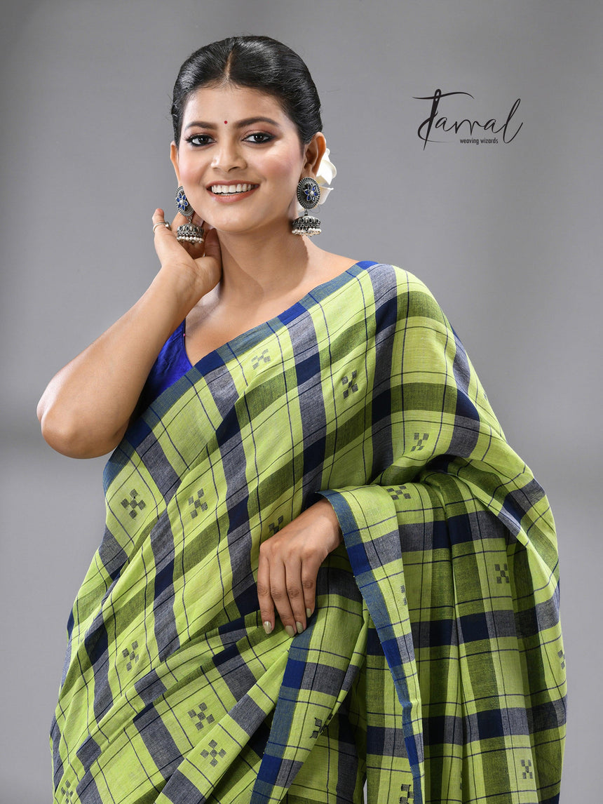 Green with Blue check cotton handwoven jamdani saree - Tamal Boutique