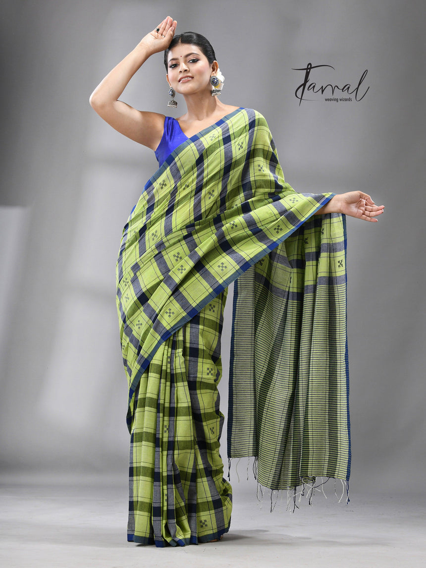 Green with Blue check cotton handwoven jamdani saree - Tamal Boutique