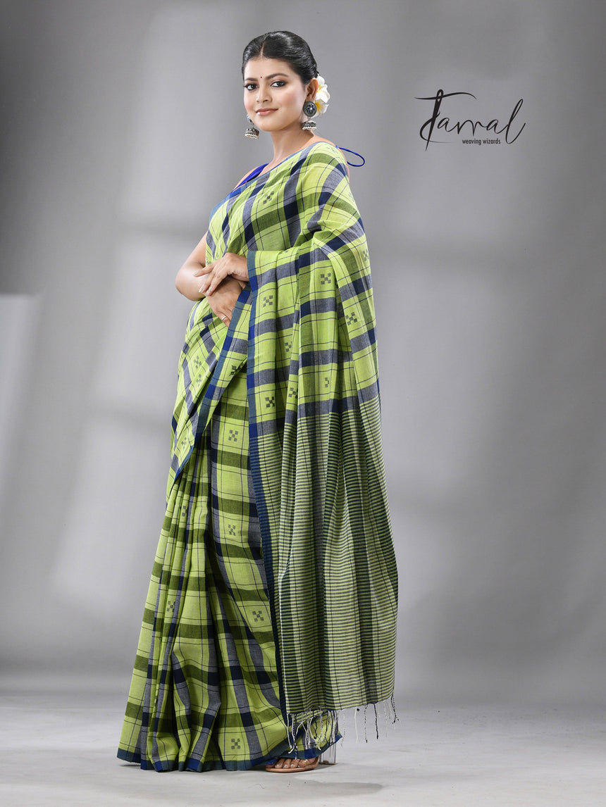 Green with Blue check cotton handwoven jamdani saree - Tamal Boutique