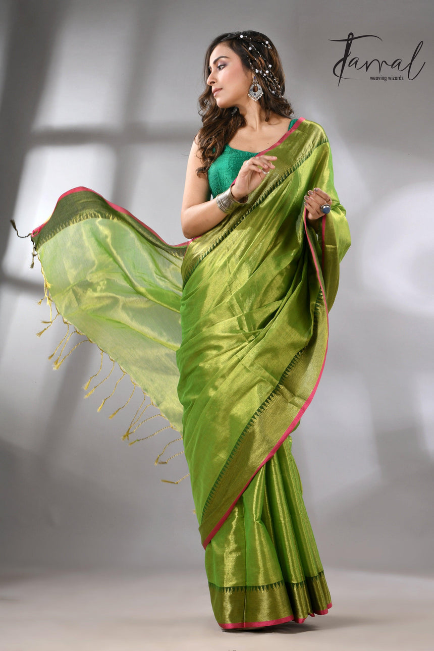 Green with Rani Border Tissue Handloom Saree