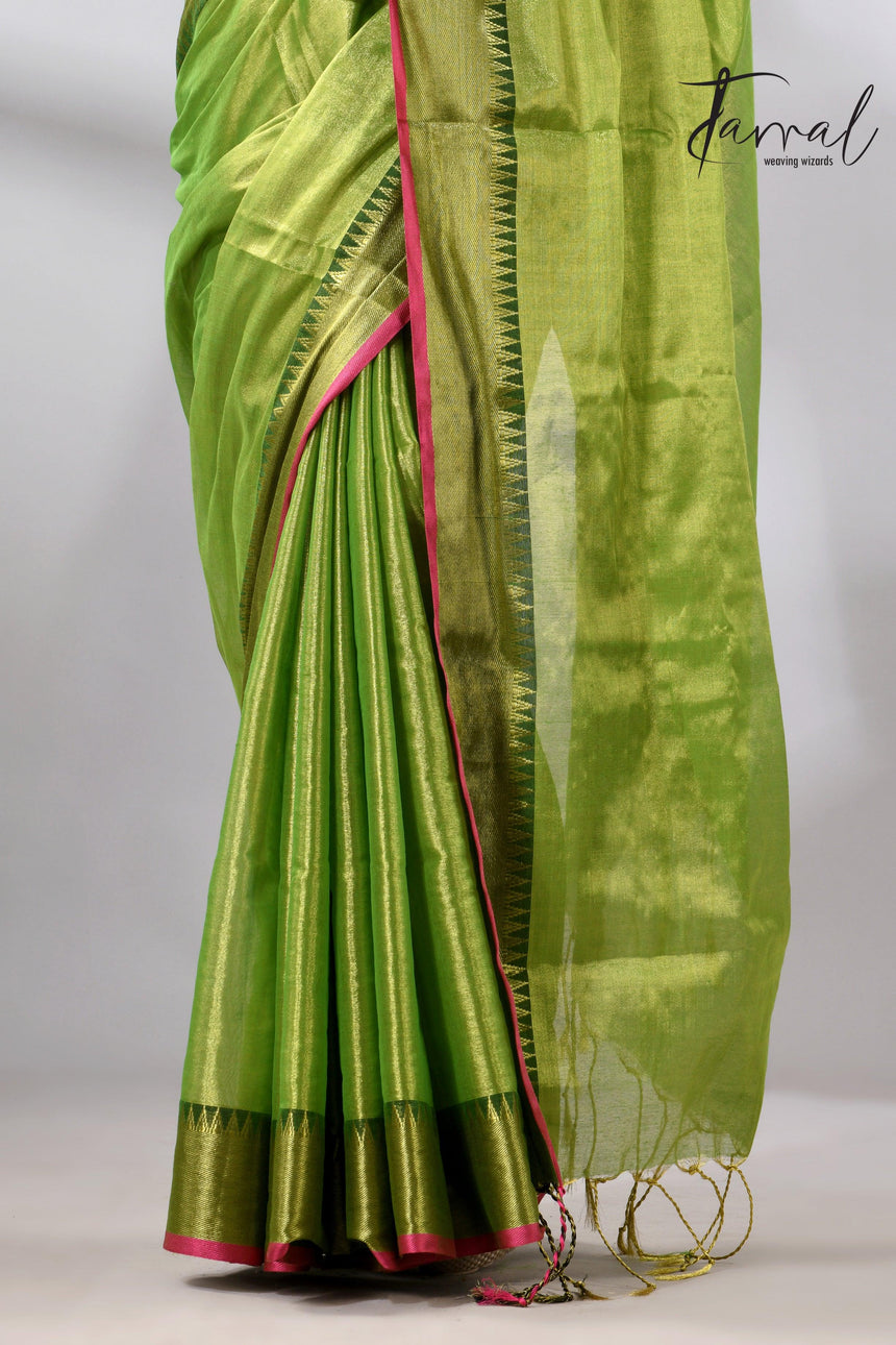 Green with Rani Border Tissue Handloom Saree bottom