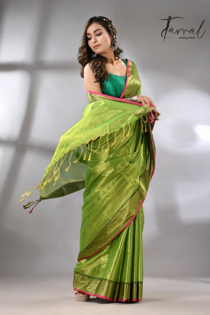 Green with Rani Border Tissue Handloom Saree full2