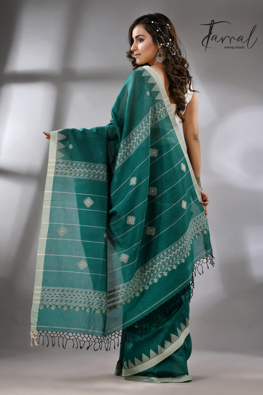 Green with Temple Border Cotton Jamdani Saree back