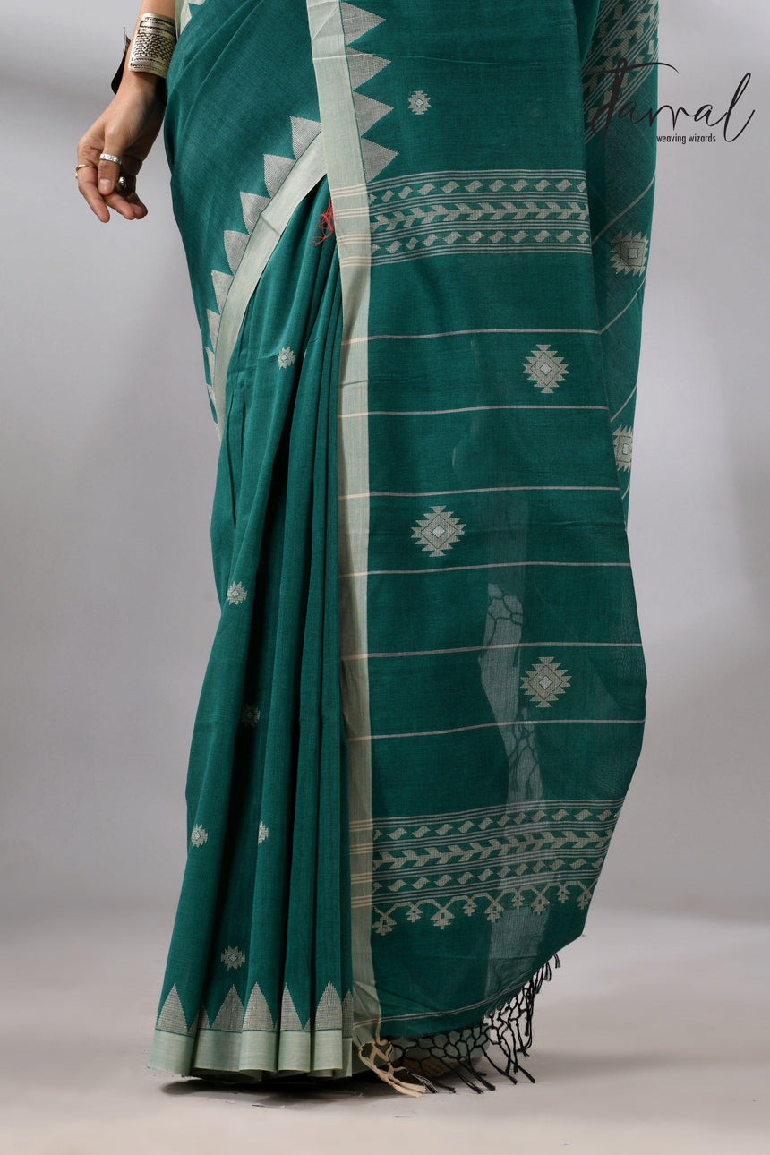 Green with Temple Border Cotton Jamdani Saree bottom