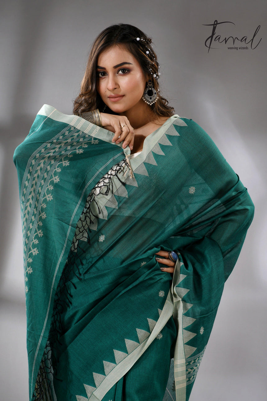 Green with Temple Border Cotton Jamdani Saree cls
