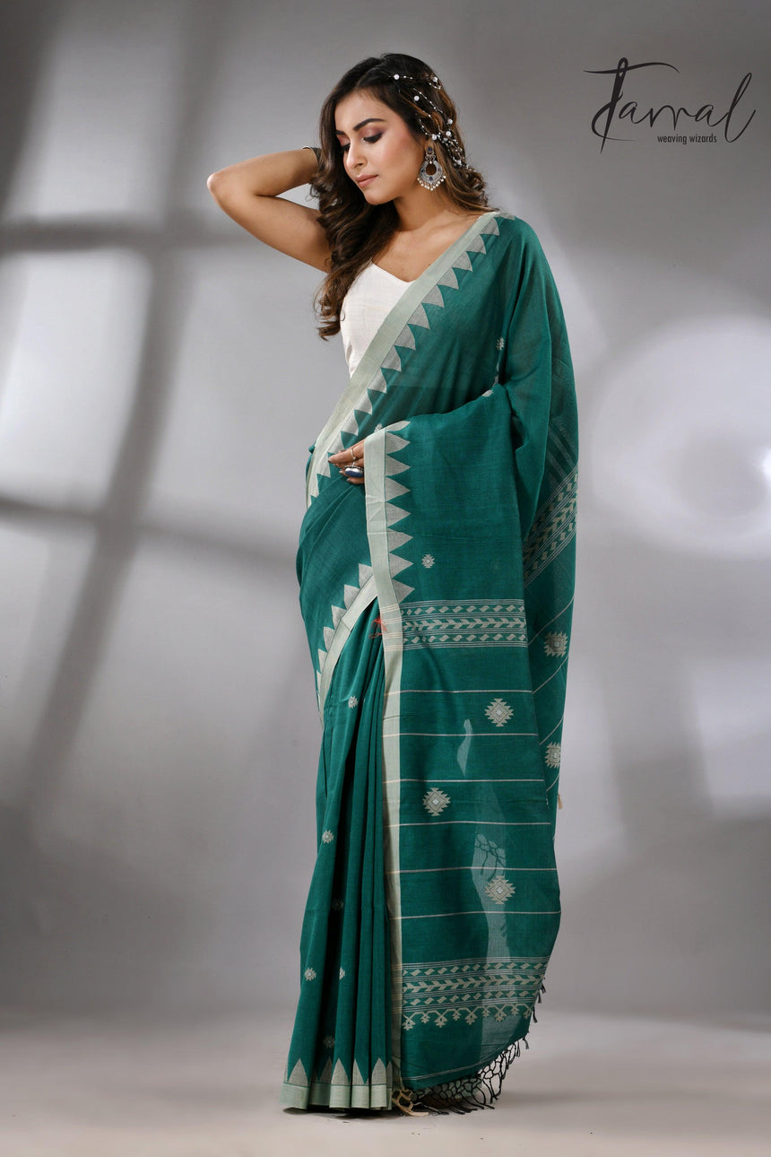 Green with Temple Border Cotton Jamdani Saree full1