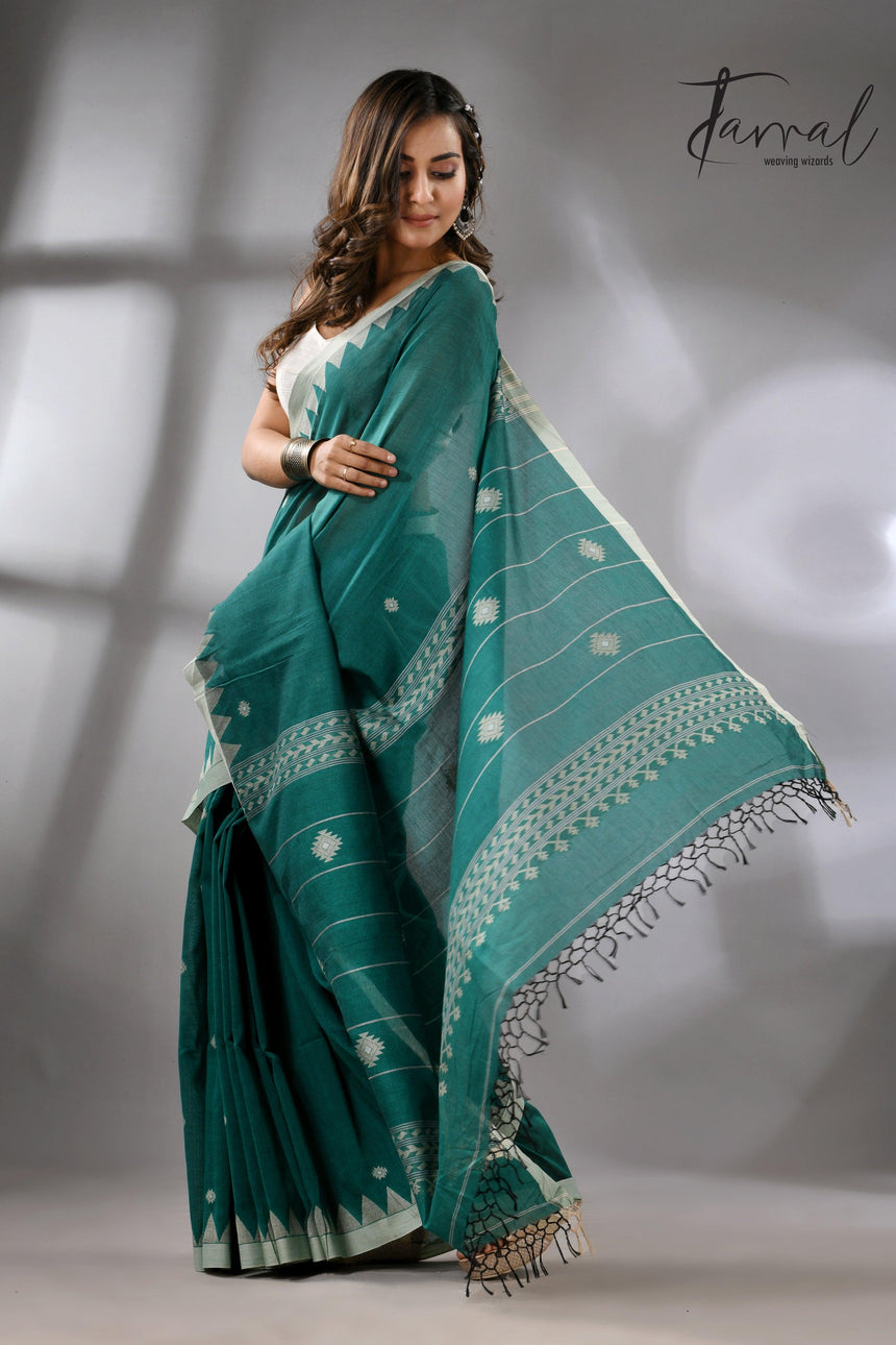 Green with Temple Border Cotton Jamdani Saree full3