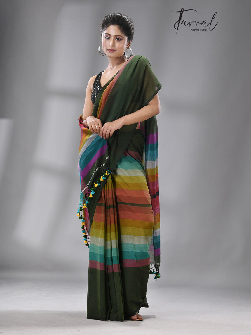 Green with rainbow colour combination mul cotton handloom saree