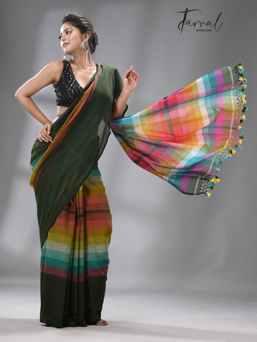 Green with rainbow colour combination mul cotton handloom saree