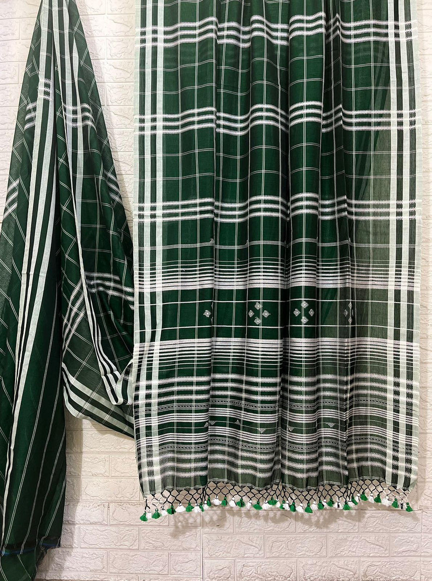 Green with white border check bhujoudi cotton handloom saree - Tamal Boutique