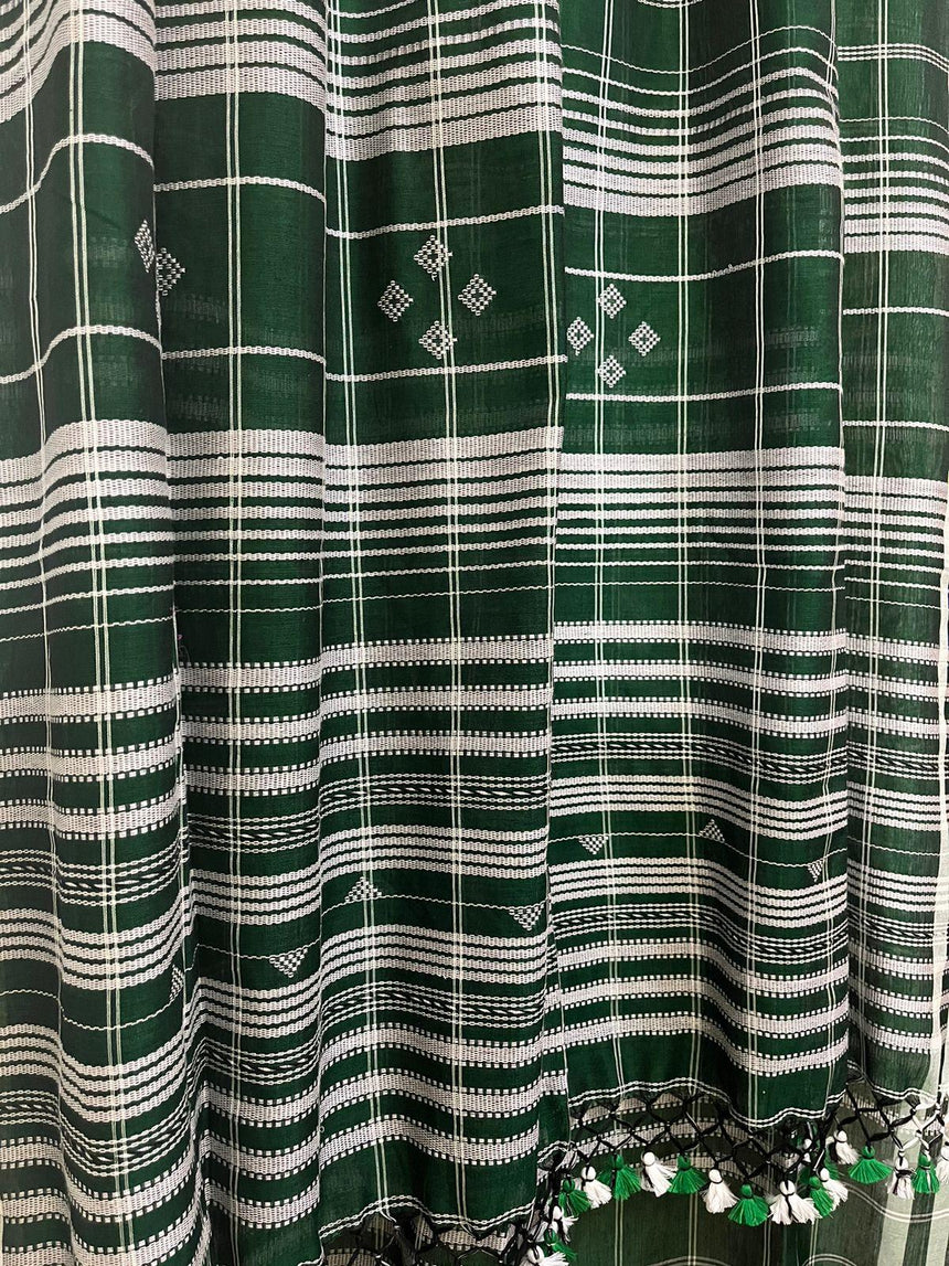 Green with white border check bhujoudi cotton handloom saree - Tamal Boutique