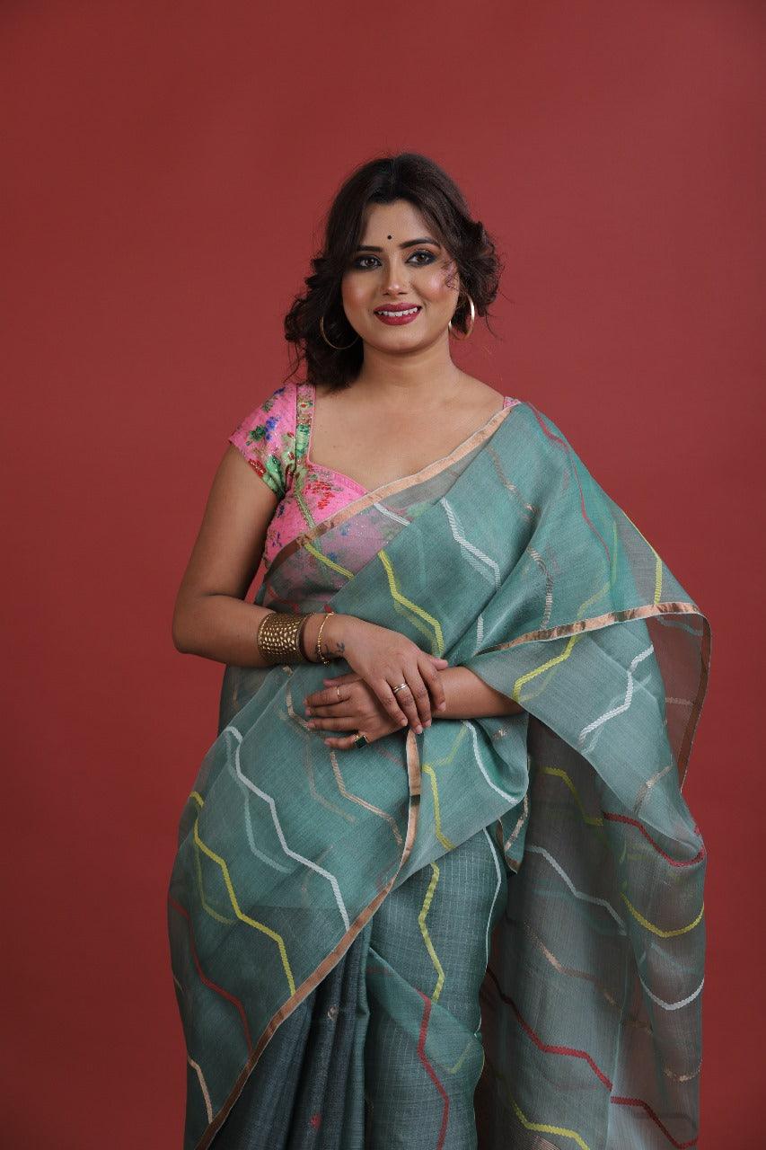 Green with golden zari border silk linen half & half handwoven jamdani saree - Tamal Boutique