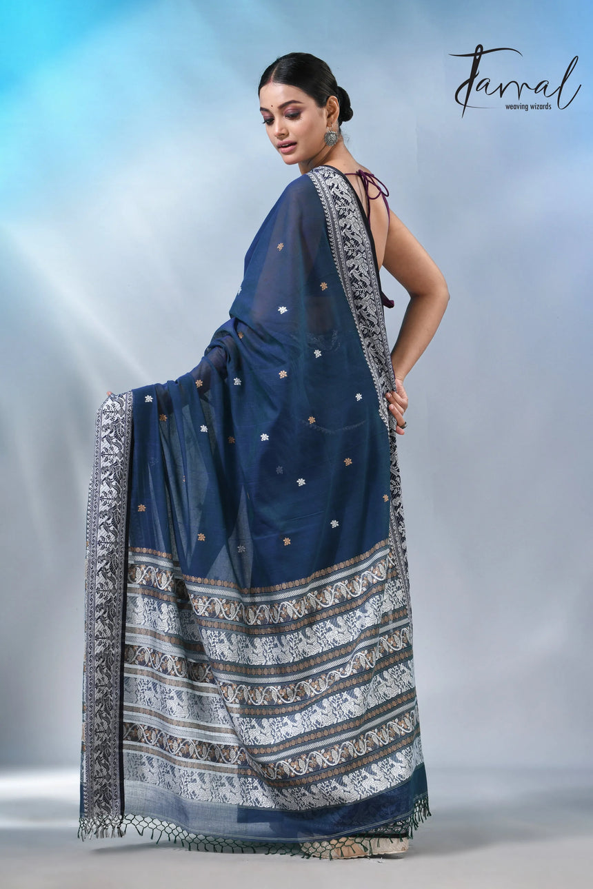 Greenish blue color baluchuri cotton handwoven jamdani saree