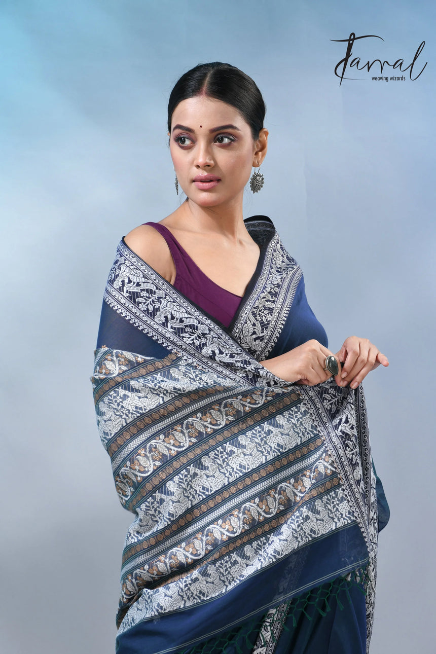 Greenish blue color baluchuri cotton handwoven jamdani saree