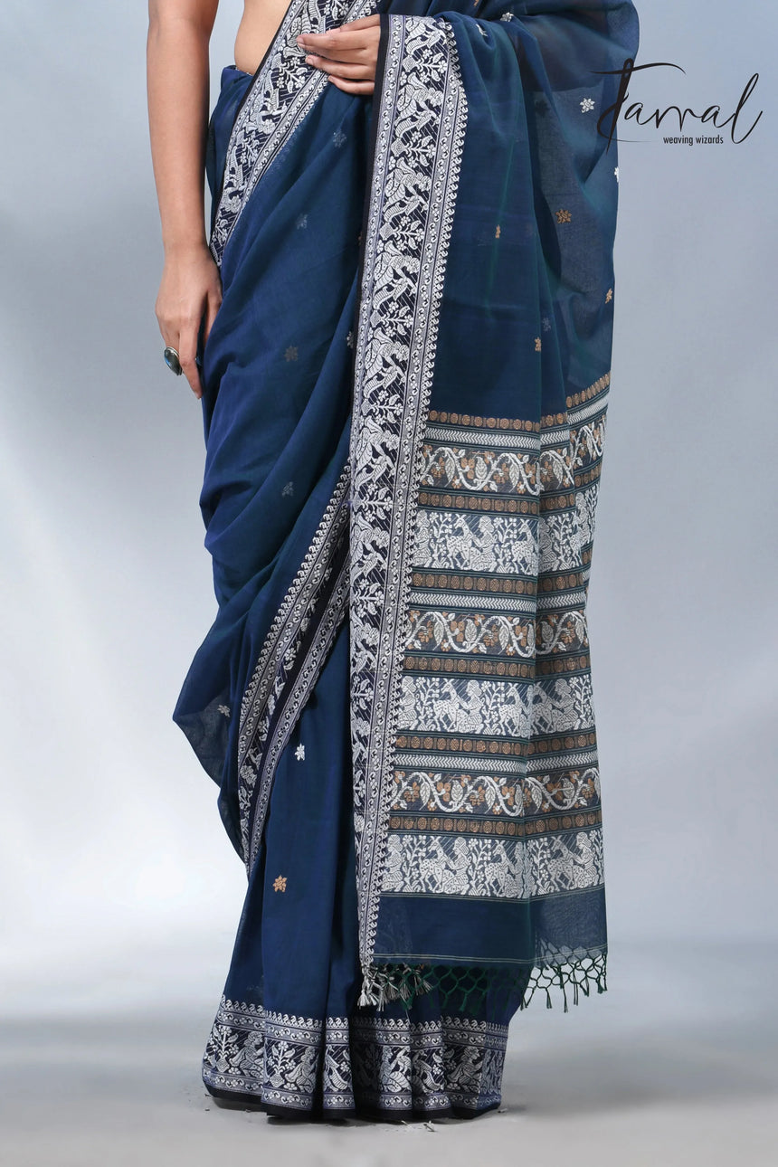 Greenish blue color baluchuri cotton handwoven jamdani saree
