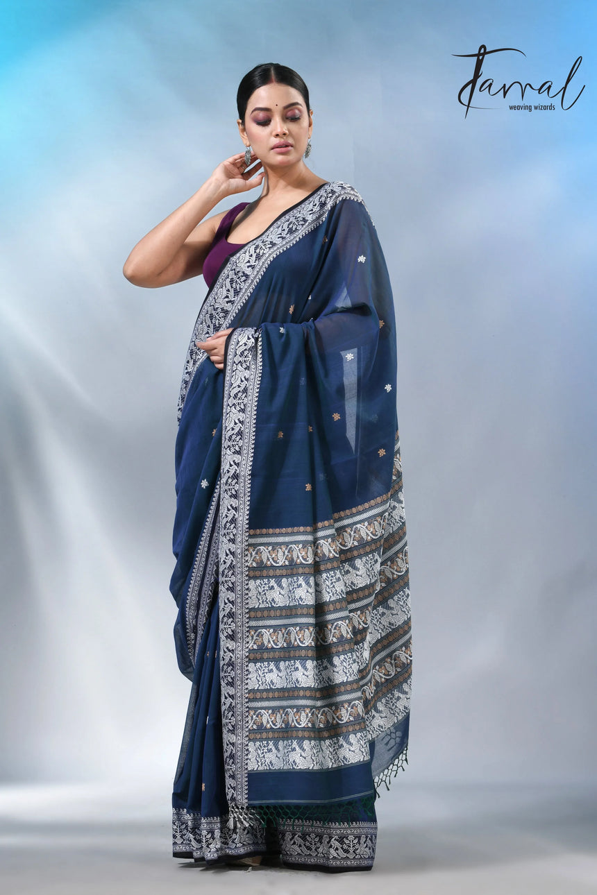 Greenish blue color baluchuri cotton handwoven jamdani saree