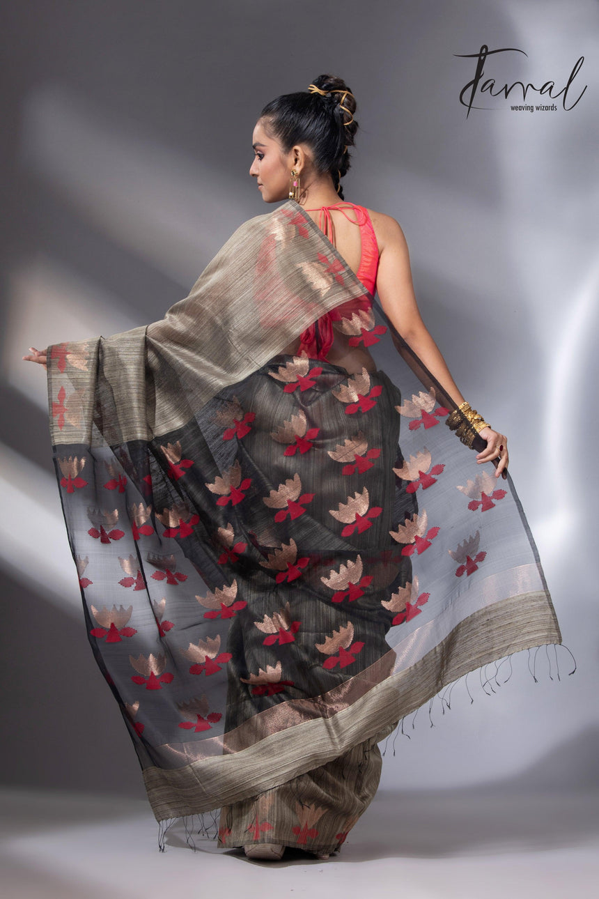 Greenish grey with gold lotus handwoven matka silk jamdani saree - Tamal Boutique