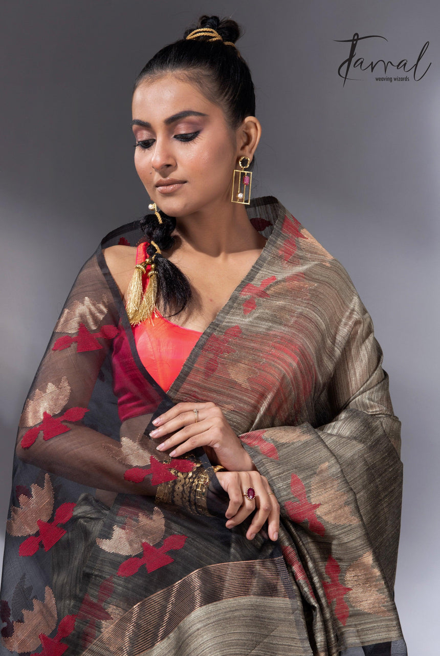 Greenish grey with gold lotus handwoven matka silk jamdani saree - Tamal Boutique