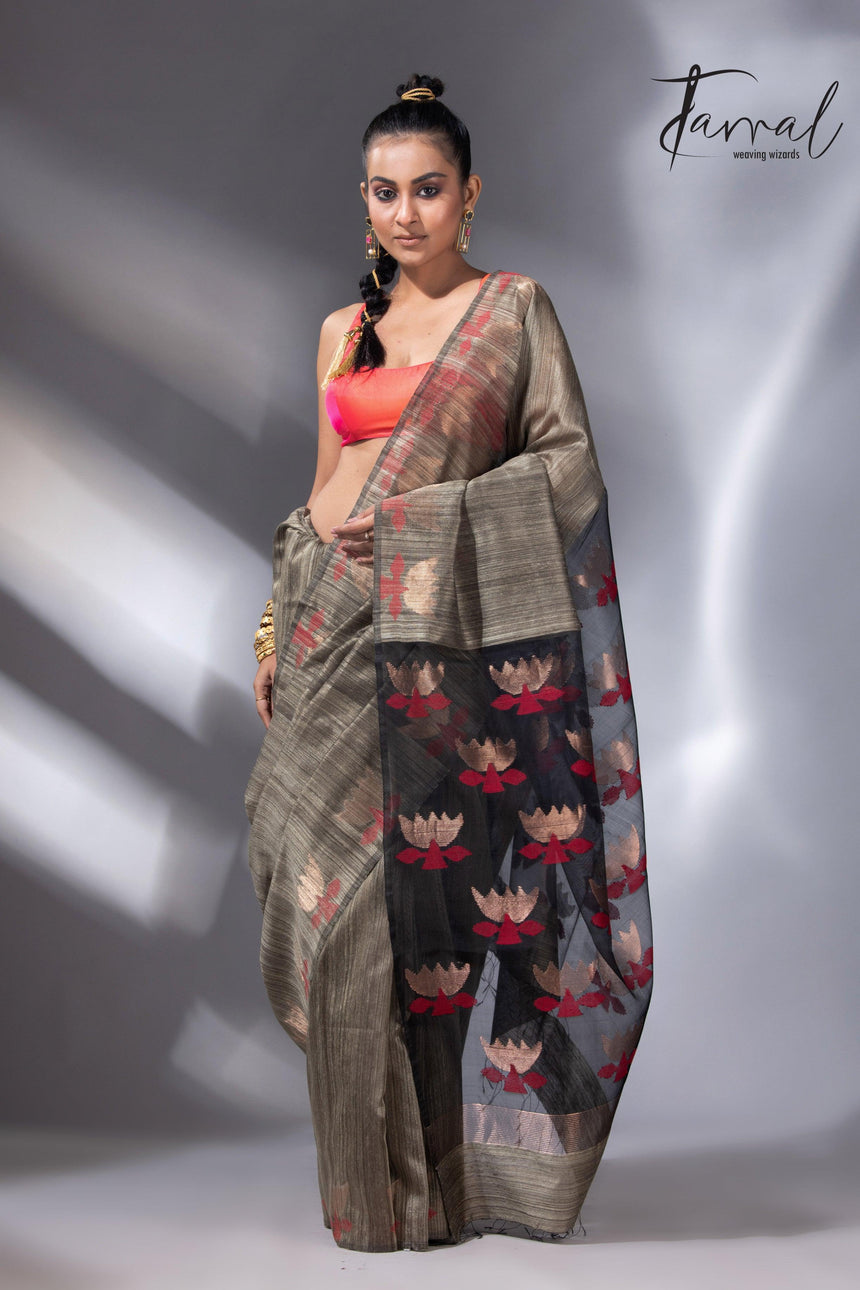 Greenish grey with gold lotus handwoven matka silk jamdani saree - Tamal Boutique