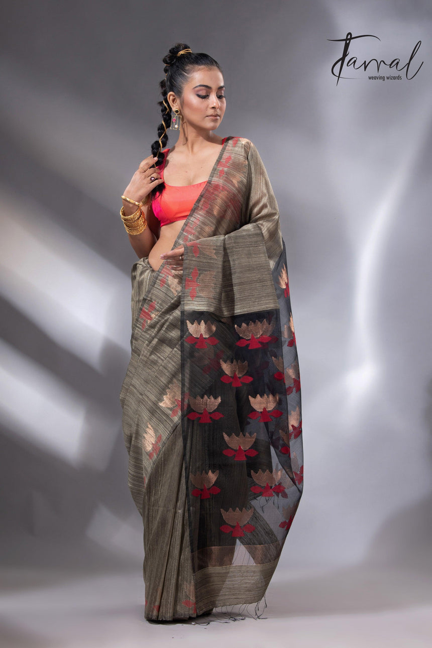Greenish grey with gold lotus handwoven matka silk jamdani saree - Tamal Boutique