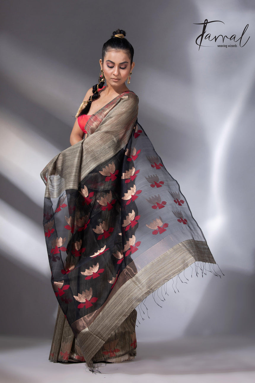 Greenish grey with gold lotus handwoven matka silk jamdani saree - Tamal Boutique