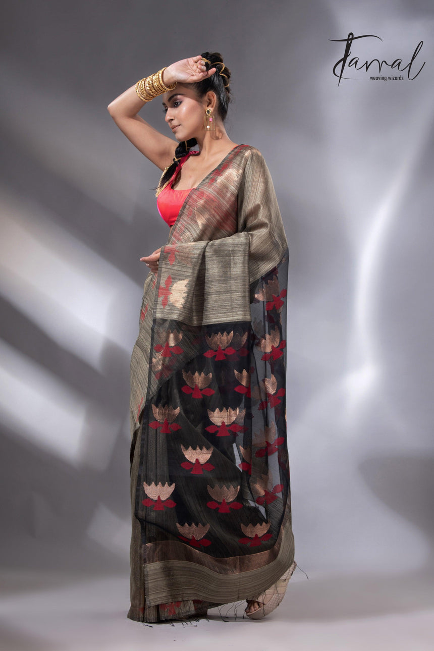 Greenish grey with gold lotus handwoven matka silk jamdani saree - Tamal Boutique