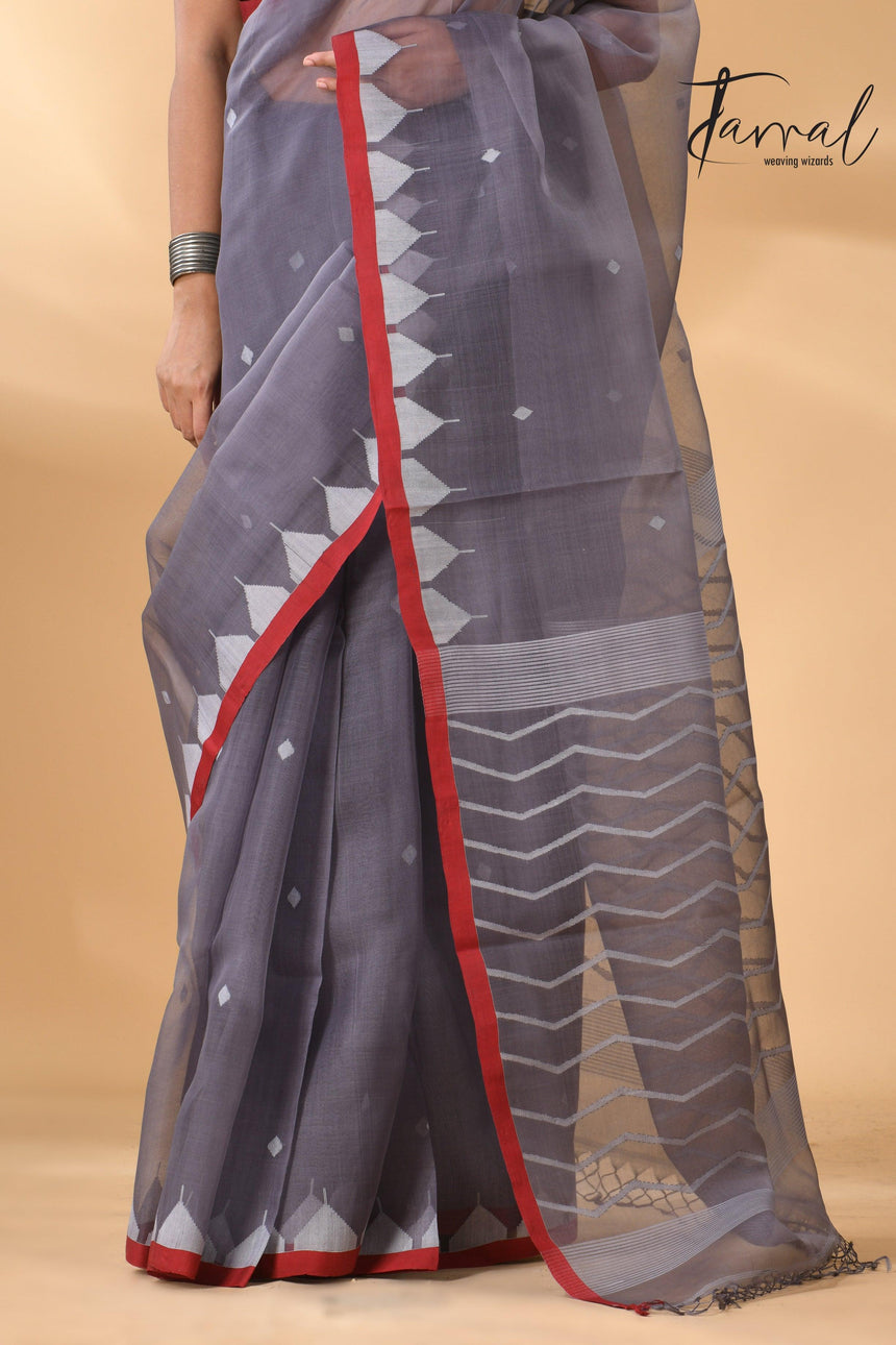 Grey Muslin Silk Handwoven Neddle Work Jamdani Saree Bottom