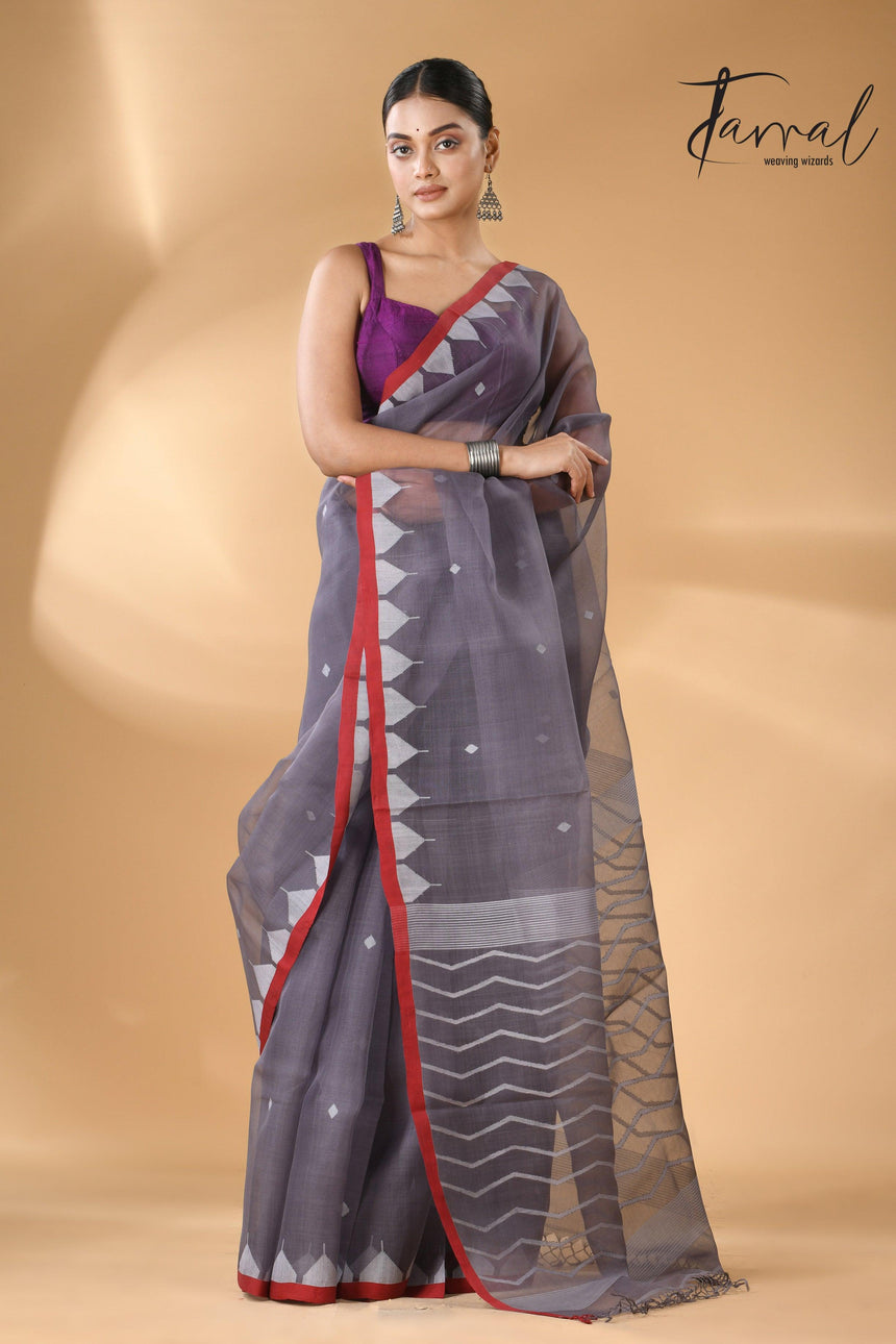Grey Muslin Silk Handwoven Neddle Work Jamdani Saree Full