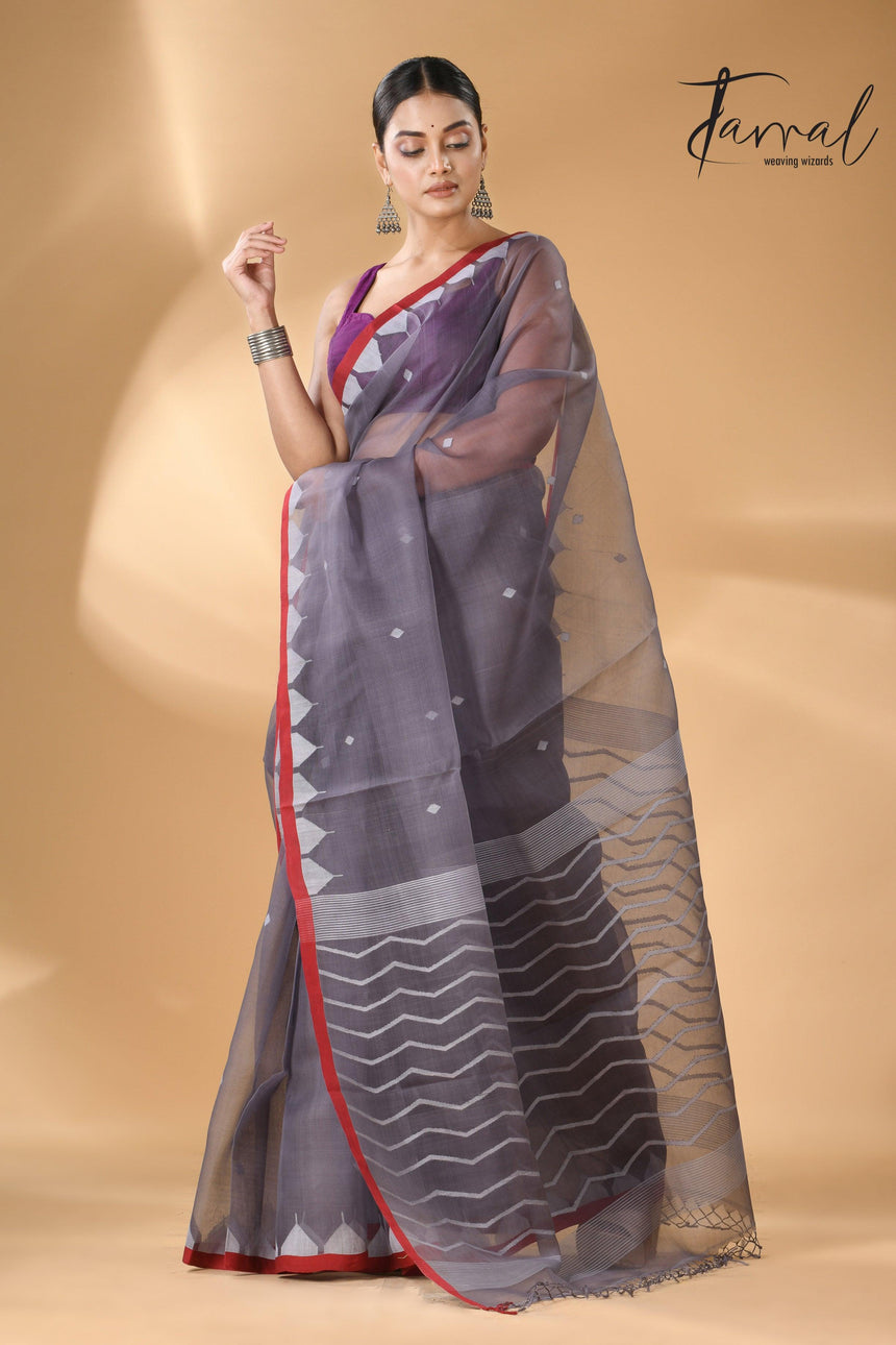 Grey Muslin Silk Handwoven Neddle Work Jamdani Saree Full3