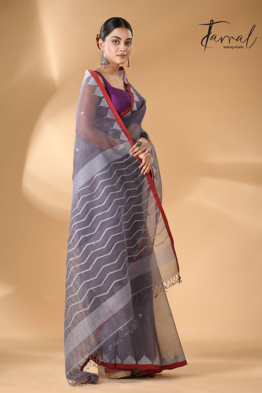 Grey Muslin Silk Handwoven Neddle Work Jamdani Saree Right