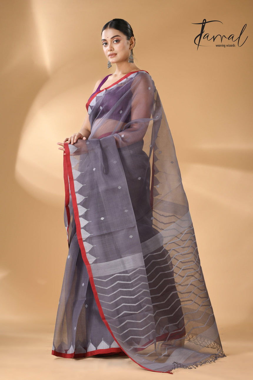 Grey Muslin Silk Handwoven Neddle Work Jamdani Saree left