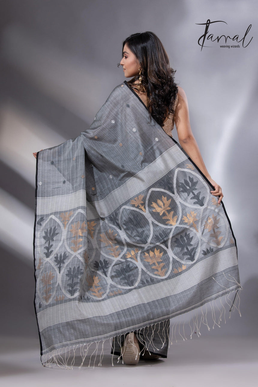 Grey Tussar Cotton Handwoven Jamdani Saree with Black Border back