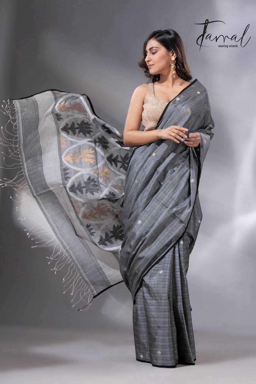 Grey Tussar Cotton Handwoven Jamdani Saree with Black Border full