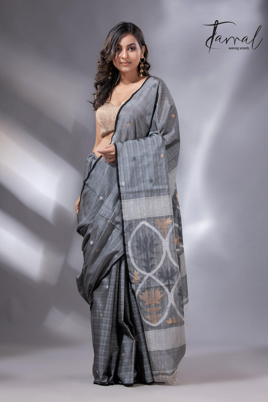 Grey Tussar Cotton Handwoven Jamdani Saree with Black Border full1