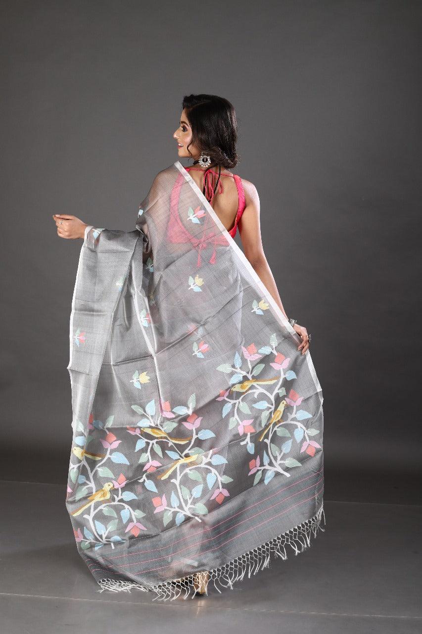 Grey with multi colour floral & birds motifs muslin silk handwoven jamdani saree - Tamal Boutique