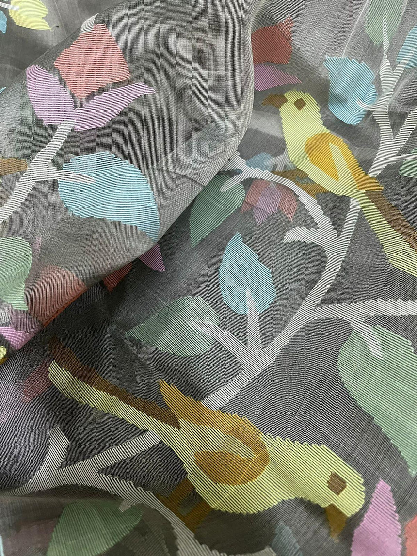 Grey with multi colour floral & birds motifs muslin silk handwoven jamdani saree - Tamal Boutique
