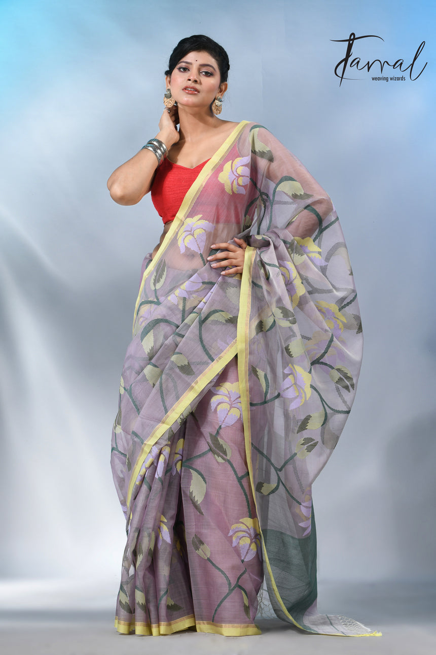 Grey with yellow border handwoven muslin silk jamdani saree