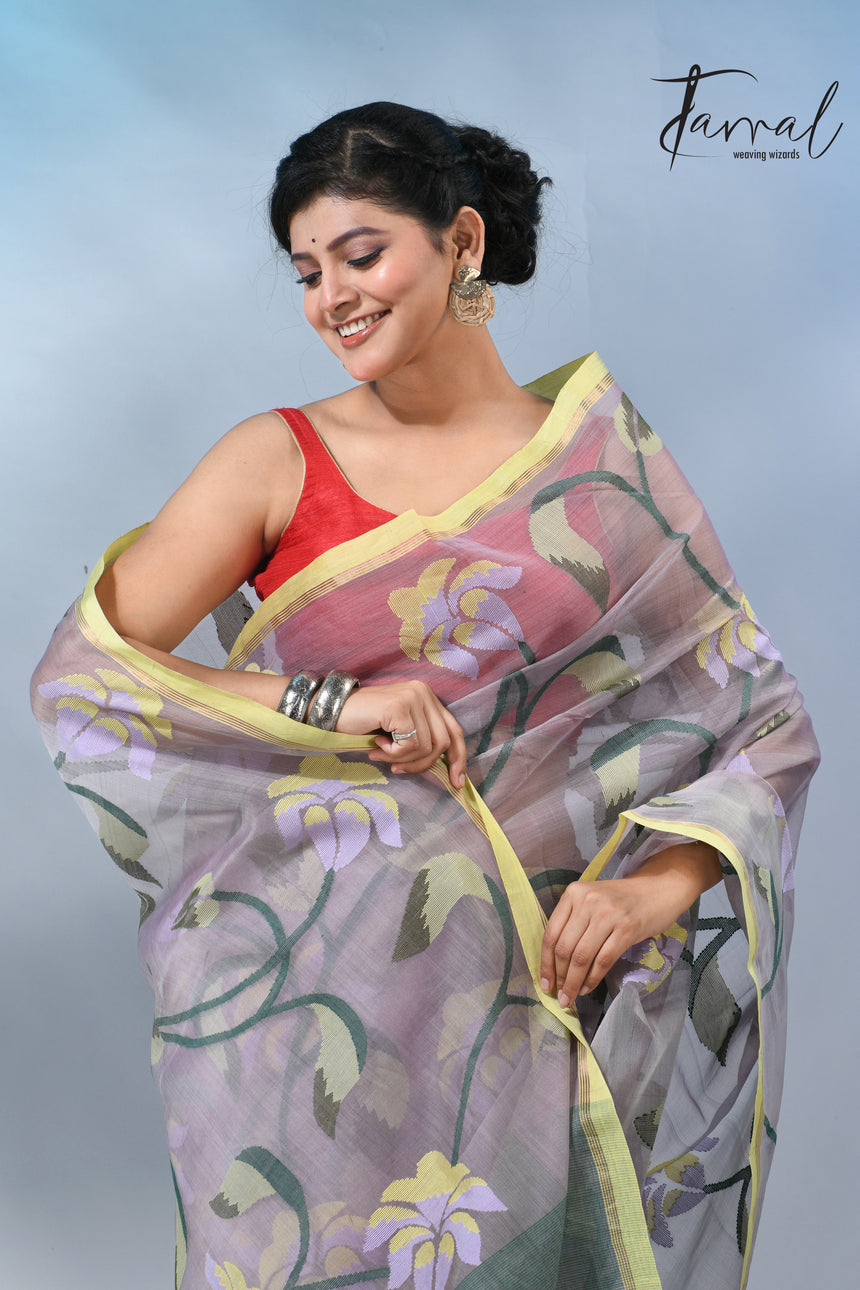 Grey with yellow border handwoven muslin silk jamdani saree