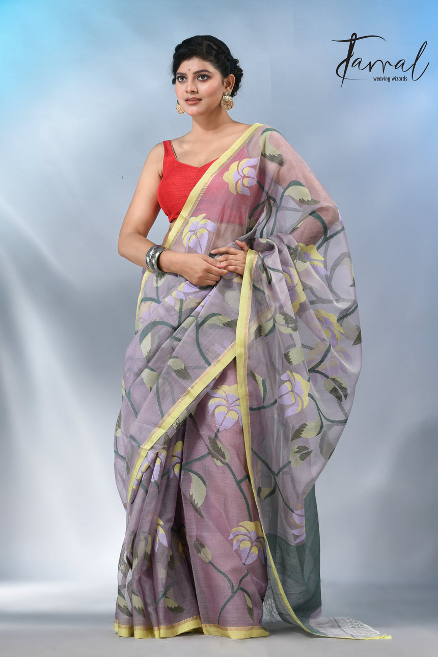 Grey with yellow border handwoven muslin silk jamdani saree