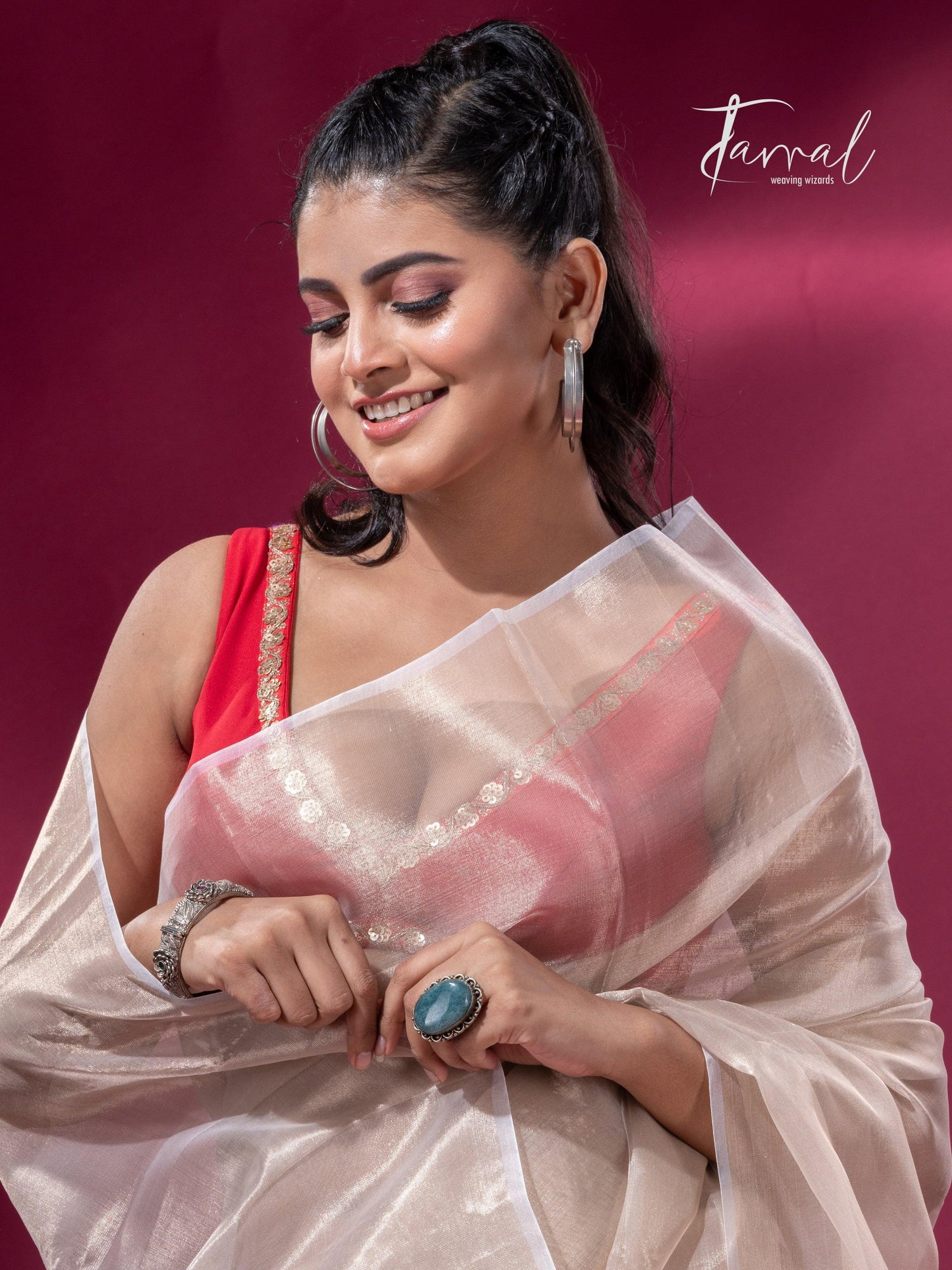 Handloom Tissue Cream Organza Silk Saree2