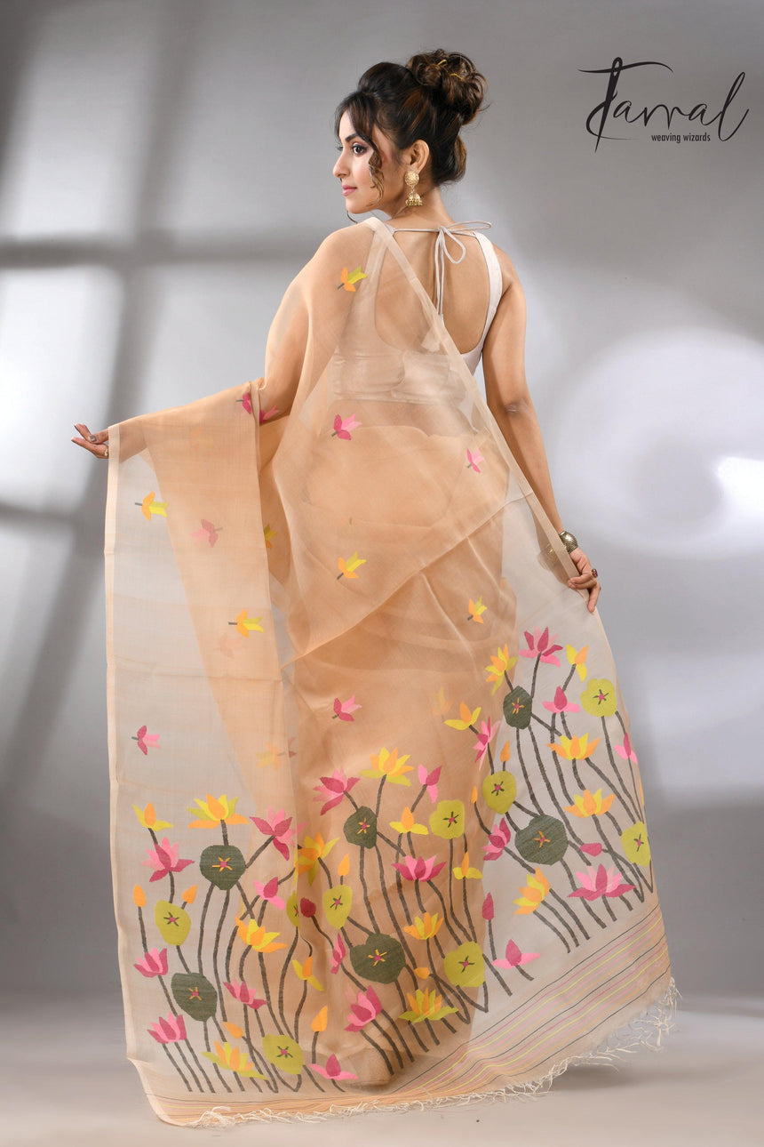 Handwoven Muslin Silk Jamdani Saree With Cream Multi-Color Motifs back