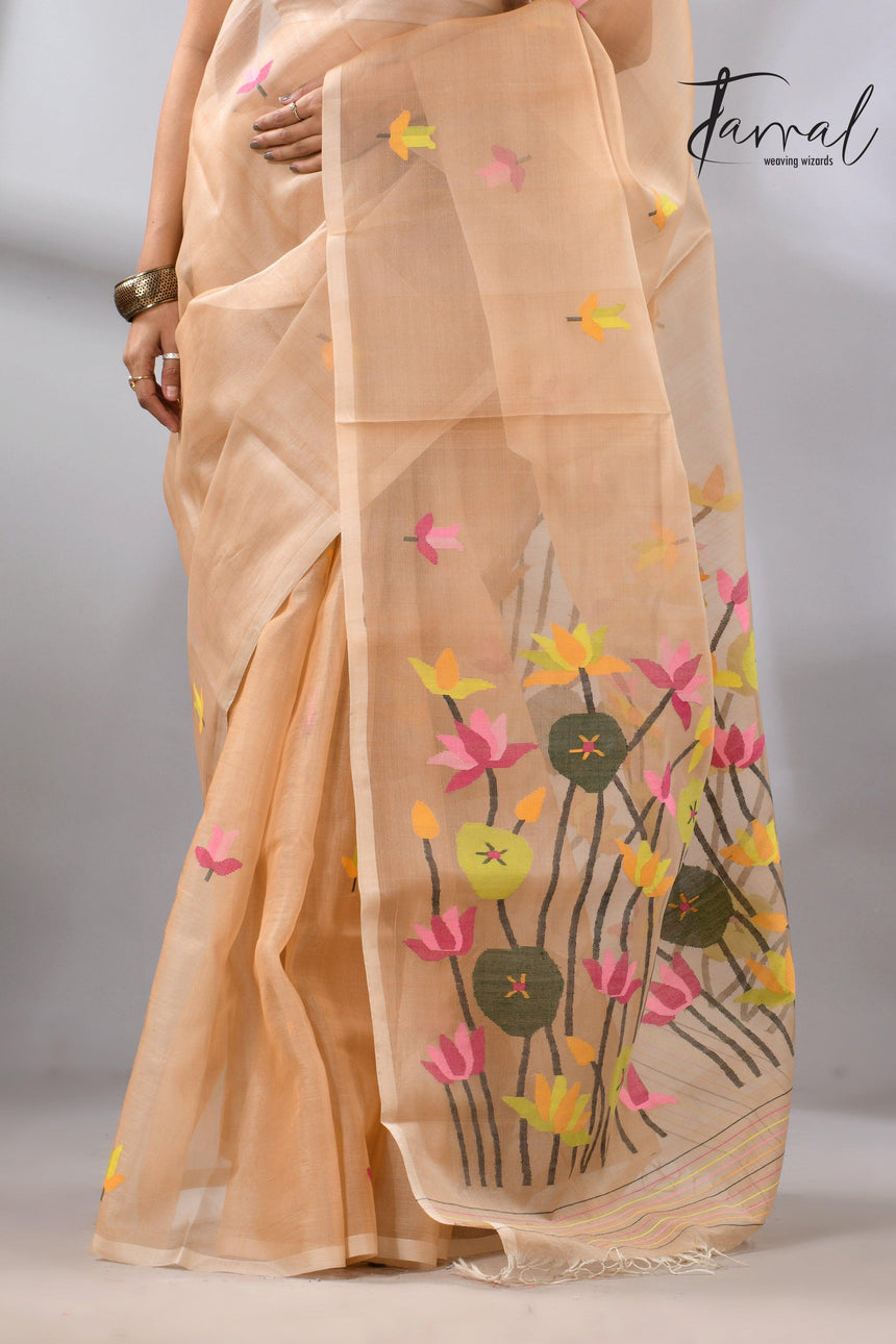 Handwoven Muslin Silk Jamdani Saree With Cream Multi-Color Motifs bottom1