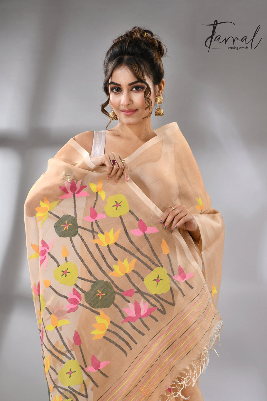 Handwoven Muslin Silk Jamdani Saree With Cream Multi-Color Motifs cls