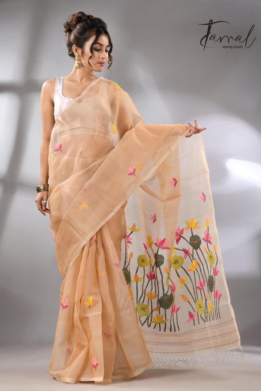 Handwoven Muslin Silk Jamdani Saree With Cream Multi-Color Motifs left