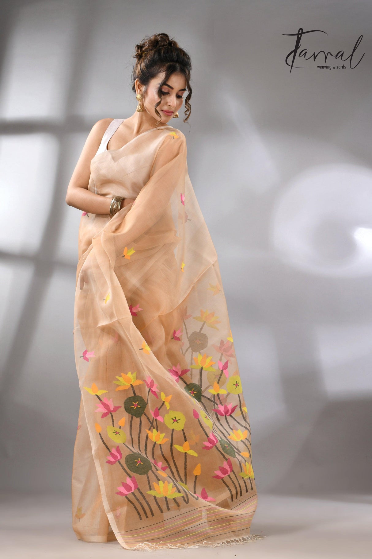 Handwoven Muslin Silk Jamdani Saree With Cream Multi-Color Motifs left